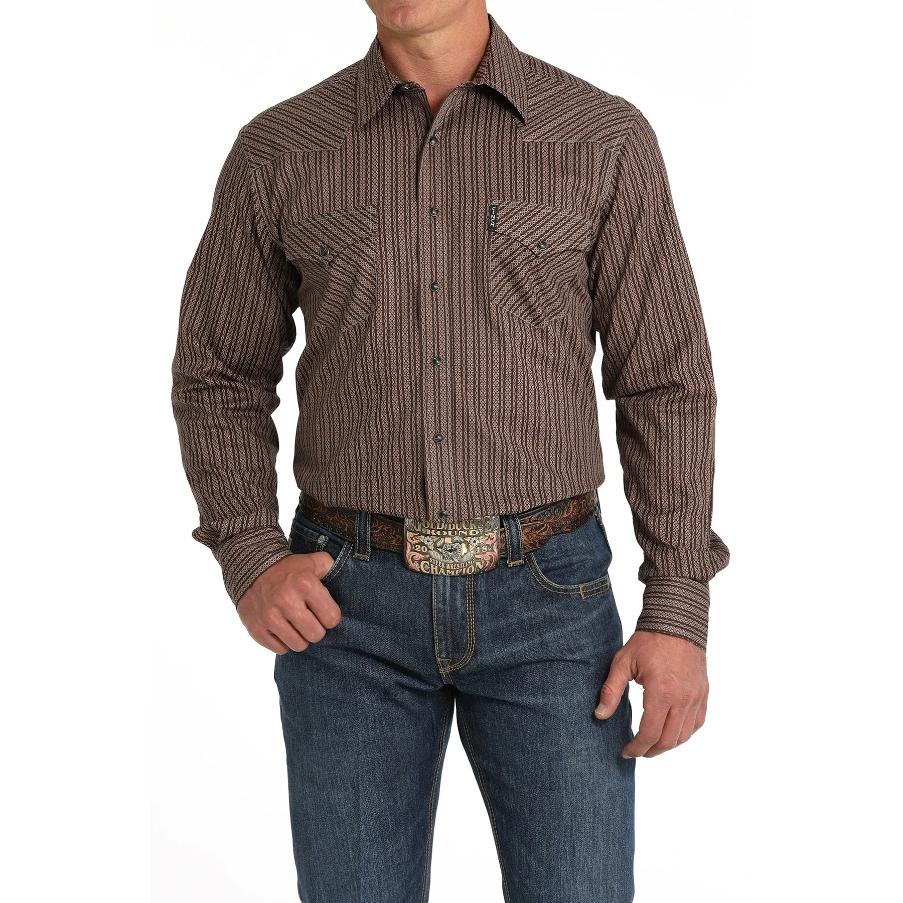 Cinch Classic Fit Long Sleeve Men's Cotton Patterned Shirt - Brown