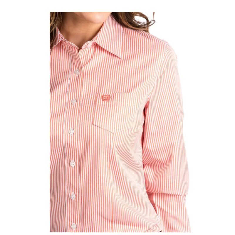 Cinch Women's Long Sleeve Button-Up Shirt - Coral & White Stripe - Image 4