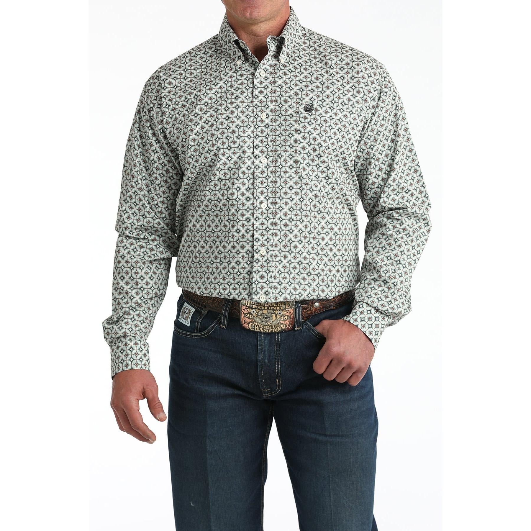 Cinch Men's Long Sleeve Geometric Pattern Western Shirt- Cream