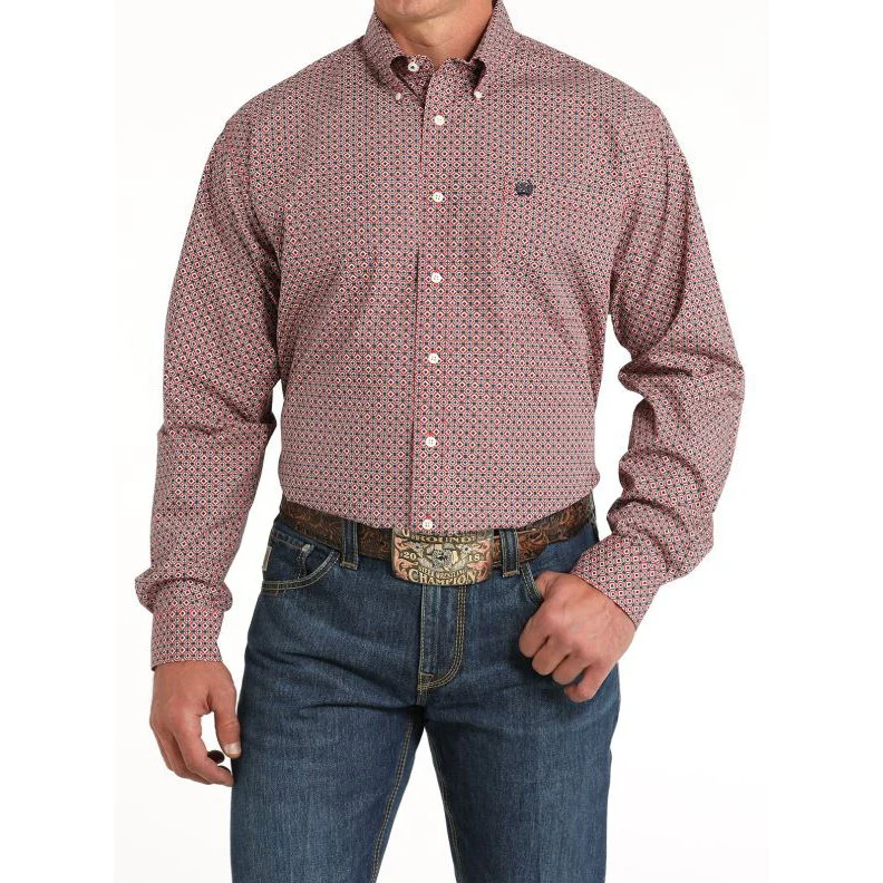 Cinch Men's Long Sleeve Geometric Print Button Down Western Shirt - Red