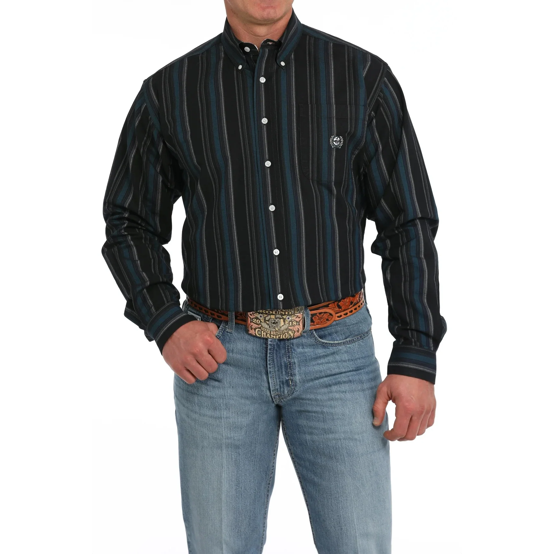 Cinch Men's Long Sleeve Oxford Stripe Shirt - Black
