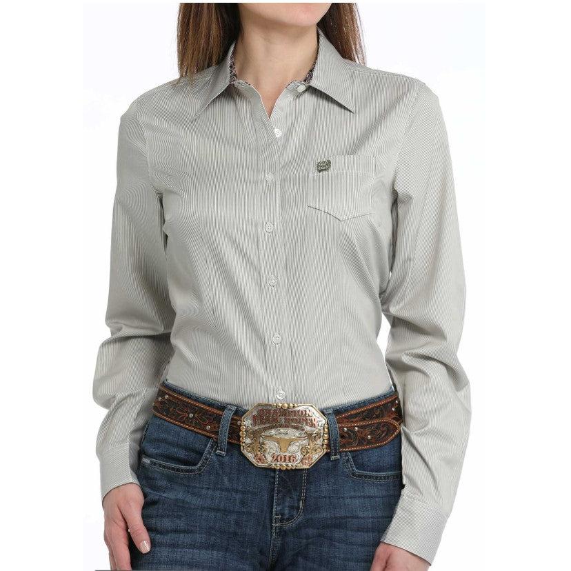 Cinch Women's Stripe Button Down Long Sleeve Print Shirt - Olive