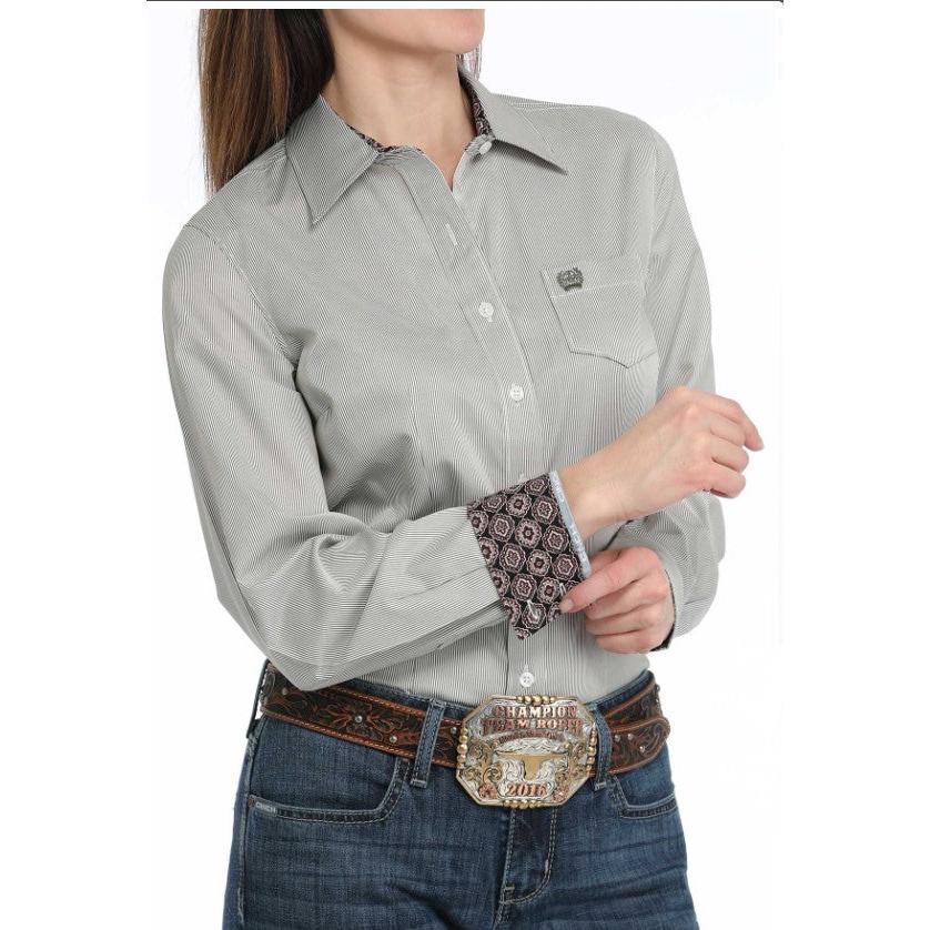 Cinch Women's Stripe Button Down Long Sleeve Print Shirt - Olive - Image 2
