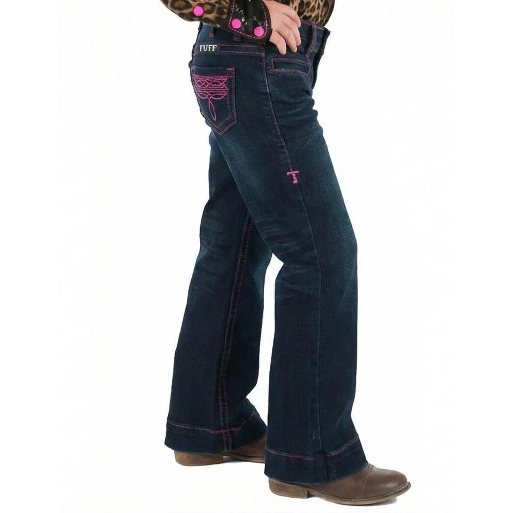 Cowgirl Tuff Girl's Pink Bootstitch Trousers Jeans - Dark Wash - Image 3