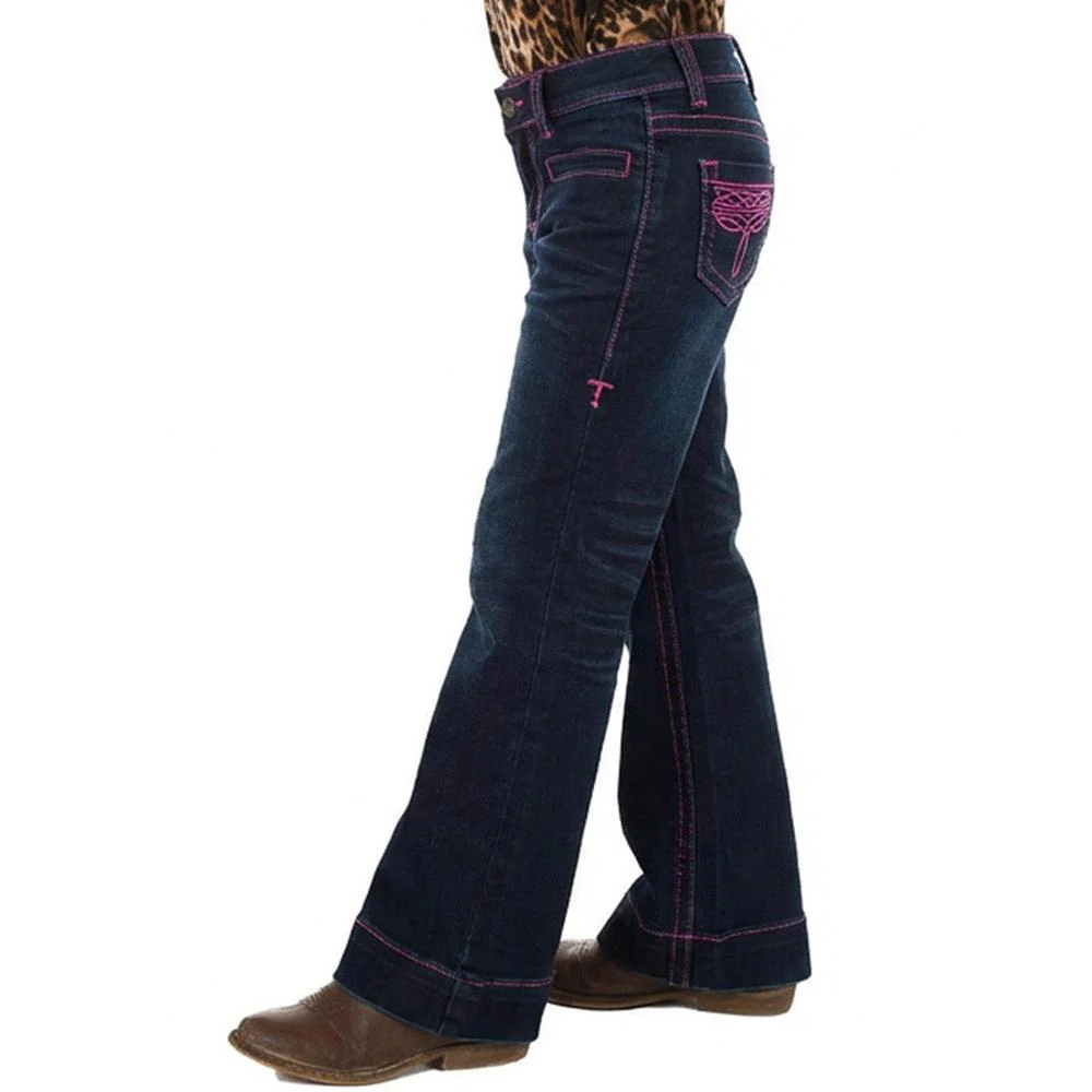 Cowgirl Tuff Girl's Pink Bootstitch Trousers Jeans - Dark Wash - Image 4