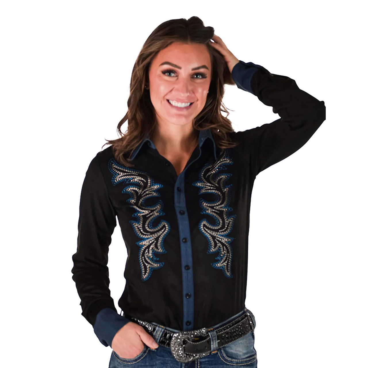 Cowgirl Tuff Button Up Embroidered Long Sleeve Shirt- Black - Image 2