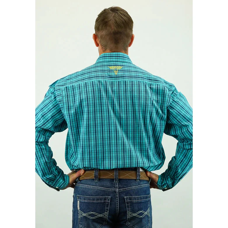 Drover Men's Signature Series Longhorn Shirt - Turquoise & Blue Plaid - Image 2