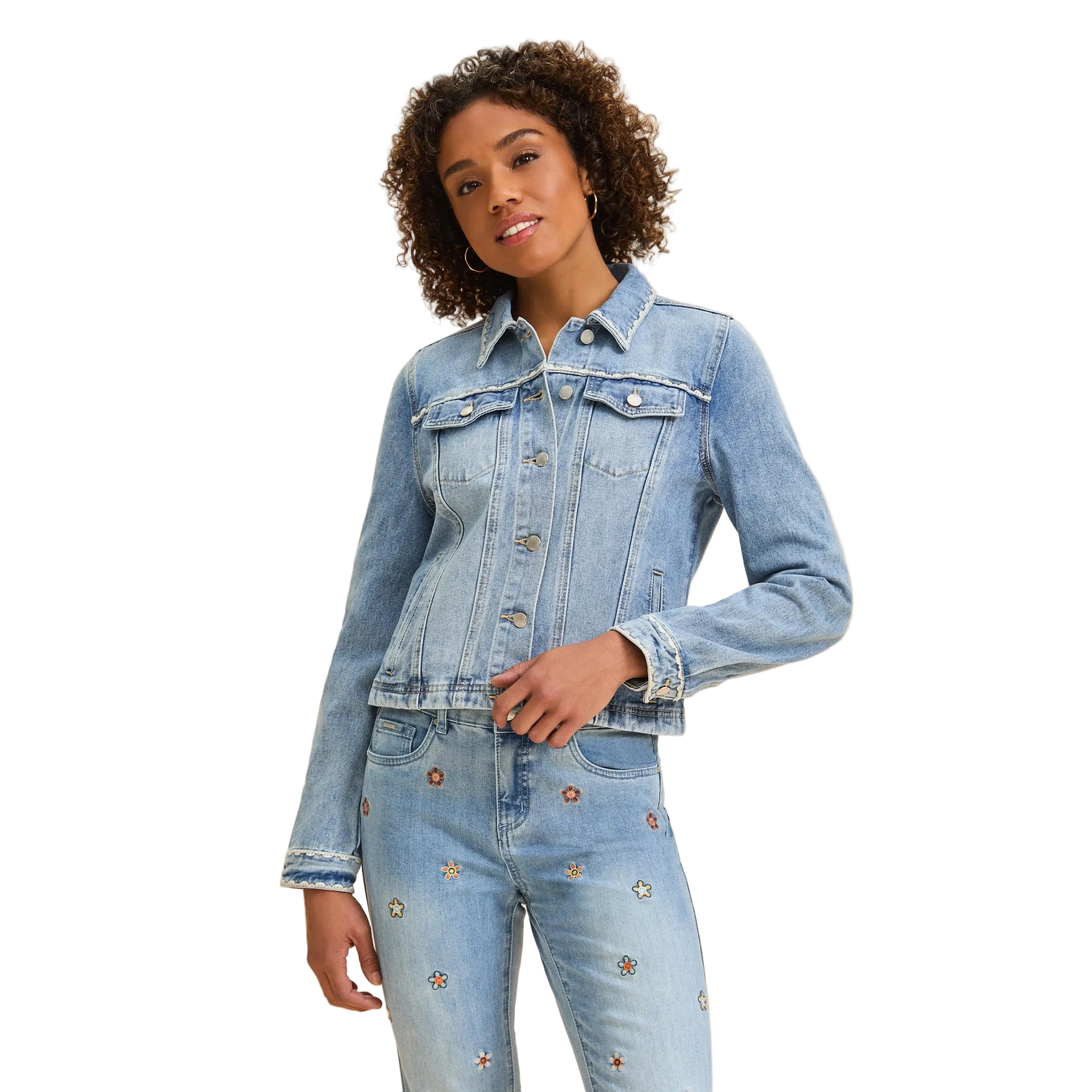 FDJ Women's Embroidered Denim Jacket - Pale Wash
