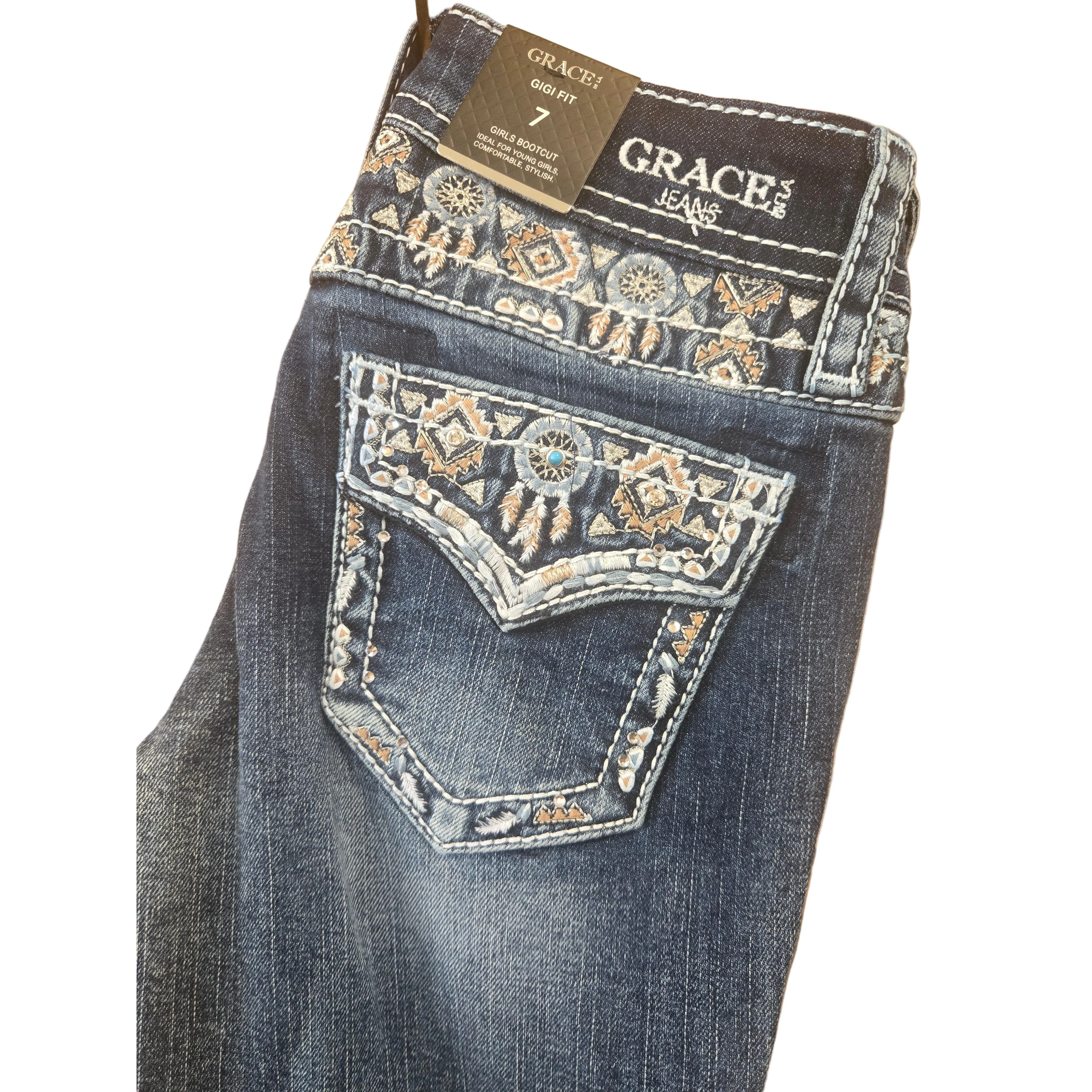 Grace in LA Girl's Aztec Faux Jeans - Blue - Image 2