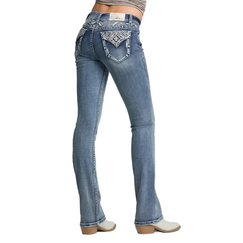 Grace in LA Women's Aztec Yoke Embroidery Mid Rise Boot Cut Jeans - Image 3