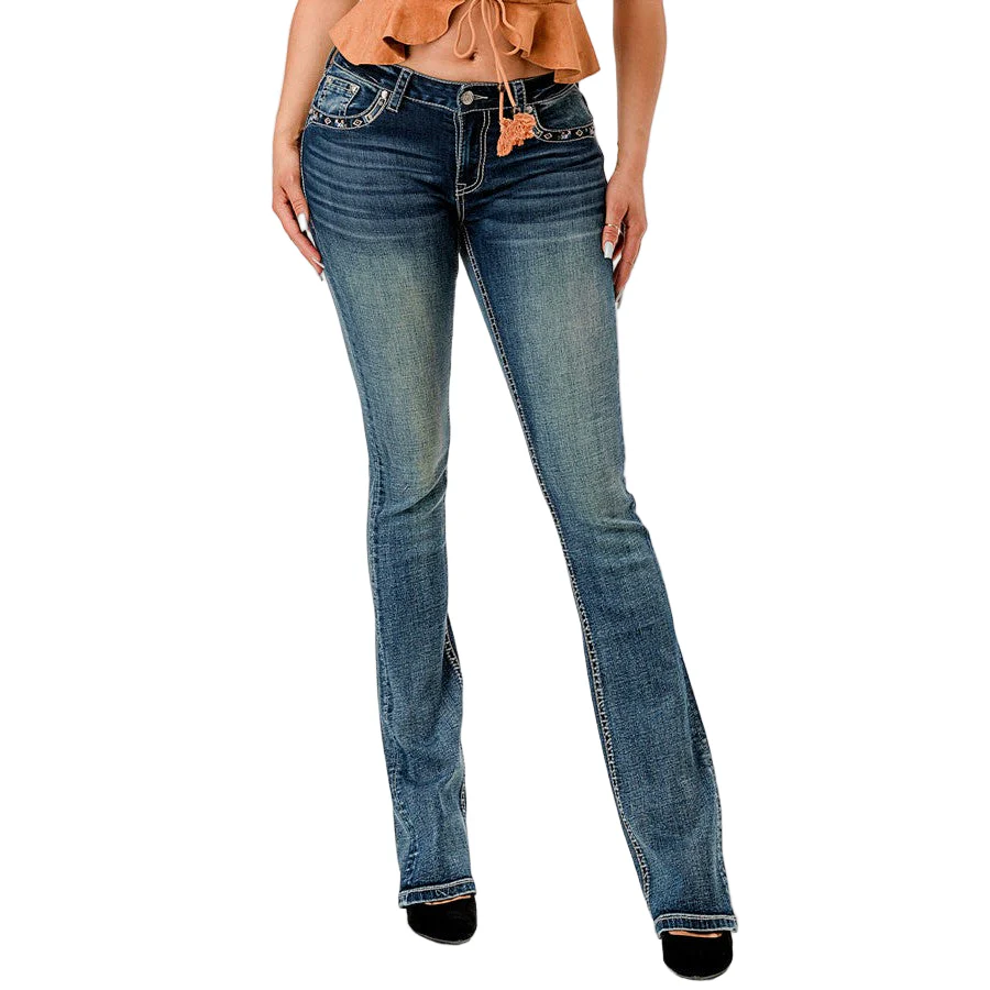 Grace in LA Women's Horseshoe Western Motif Easy Bootcut Jeans - Medium Blue