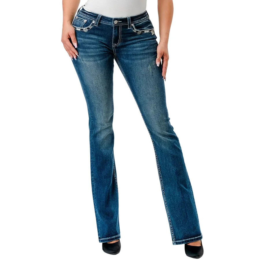 Grace In LA Women's Easy Bootcut Jeans - Floral Faux Flap - Image 2
