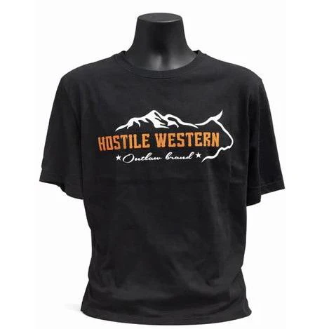 Hostile Western Men's Mountain/Cow Outline w/Outlaw Brand Short Sleeve Tee Shirt - Black