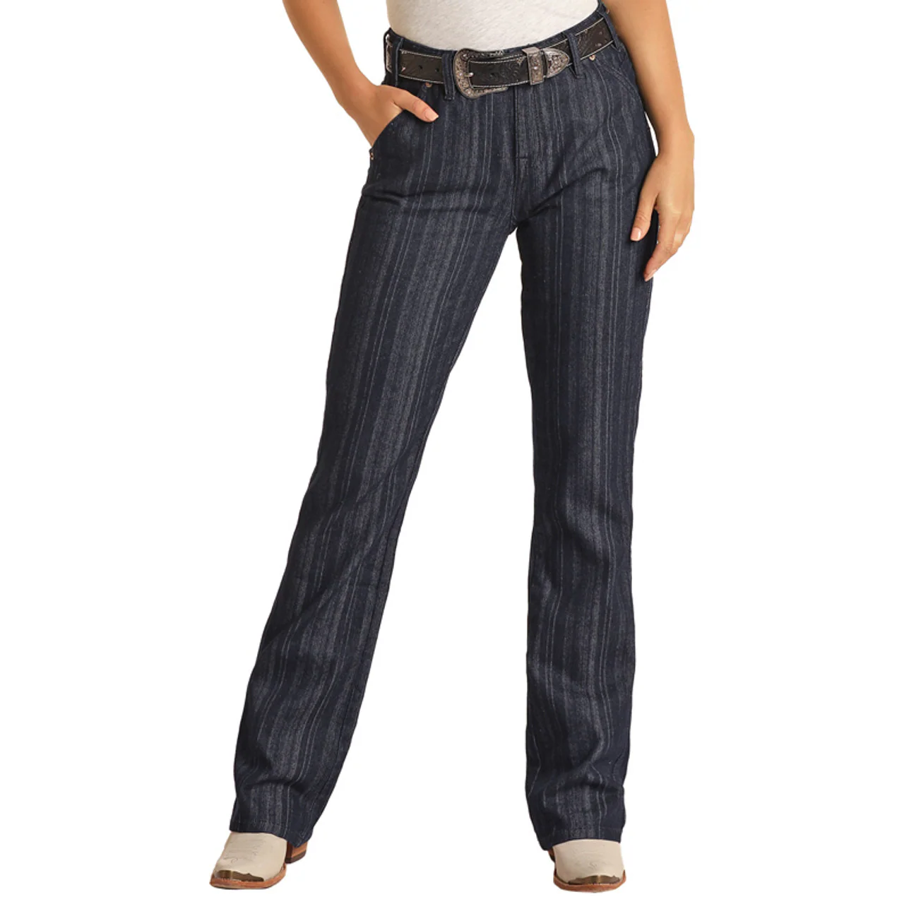 Hooey Women's Jaquard Stripe High Rise Bootcut Jeans - Medium Wash