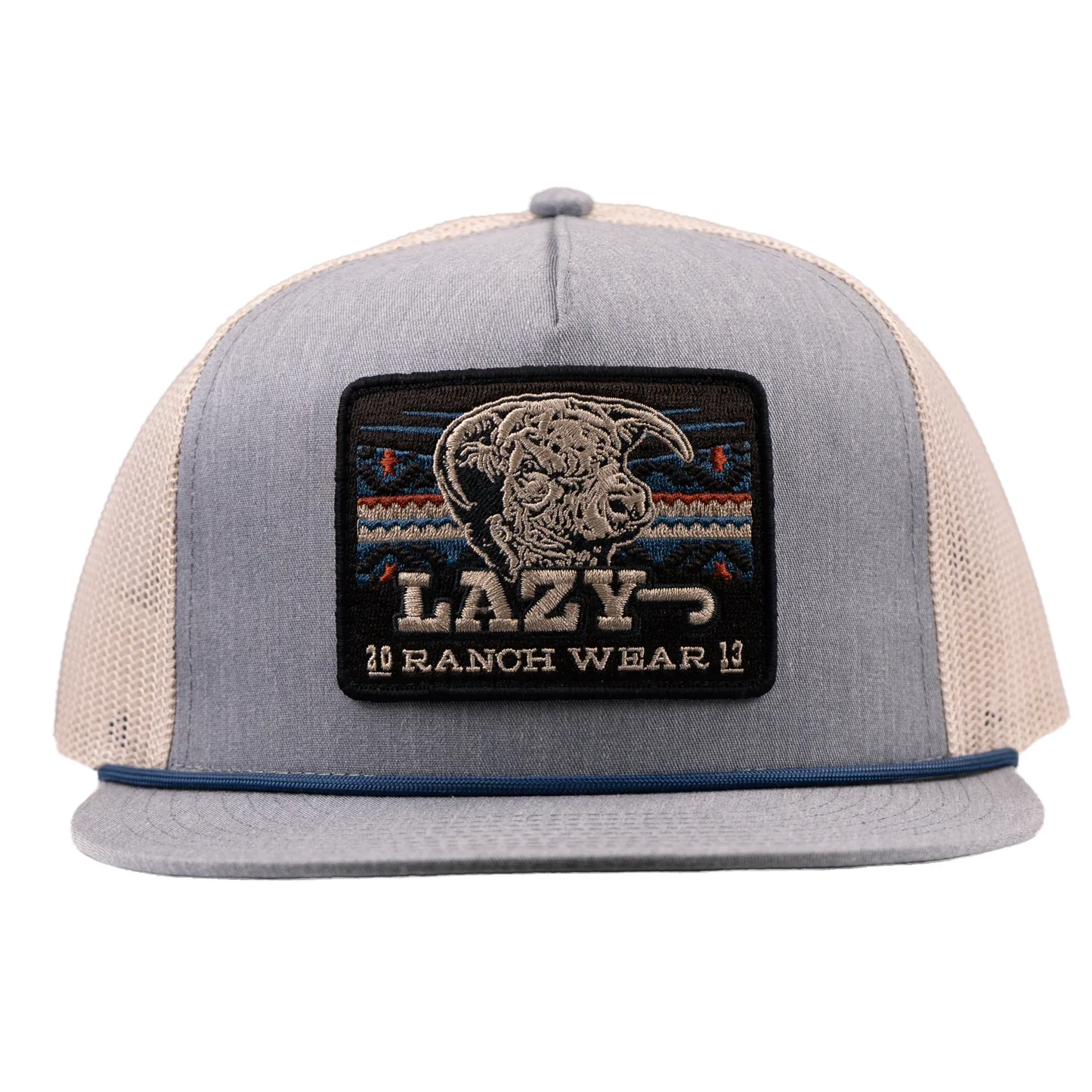 Lazy J Ranch Aztec Tribal Classic Rope Trucker Flat Brim Cap - Chambray/Tan