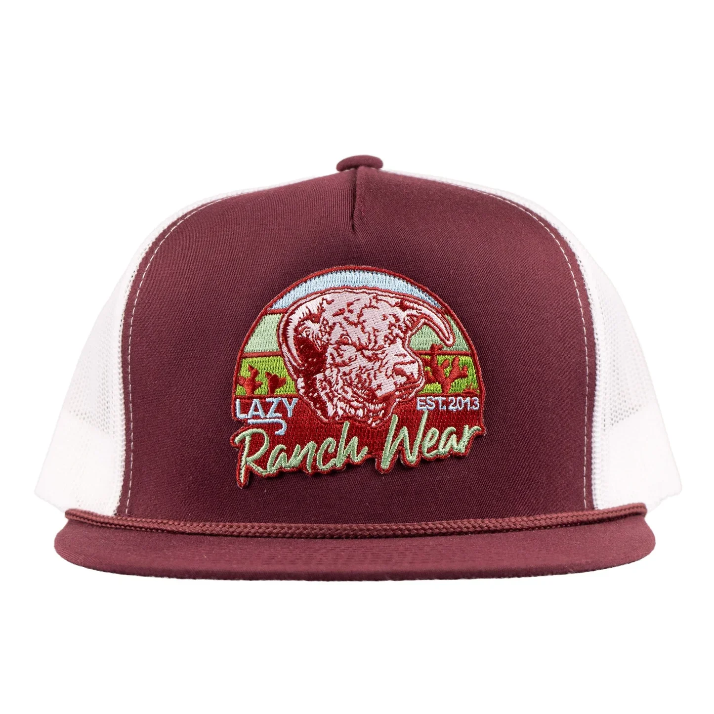 Lazy J Ranch Prickly Pear Classic Rope Trucker Flat Brim Cap - Maroon/White