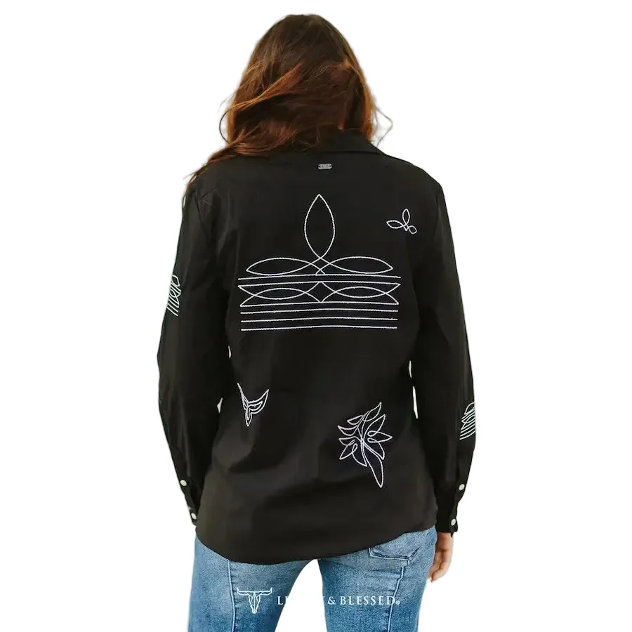 Lucky & Blessed Women's Boot Stitch Embroidered Button Down Shirt - Black - Image 2