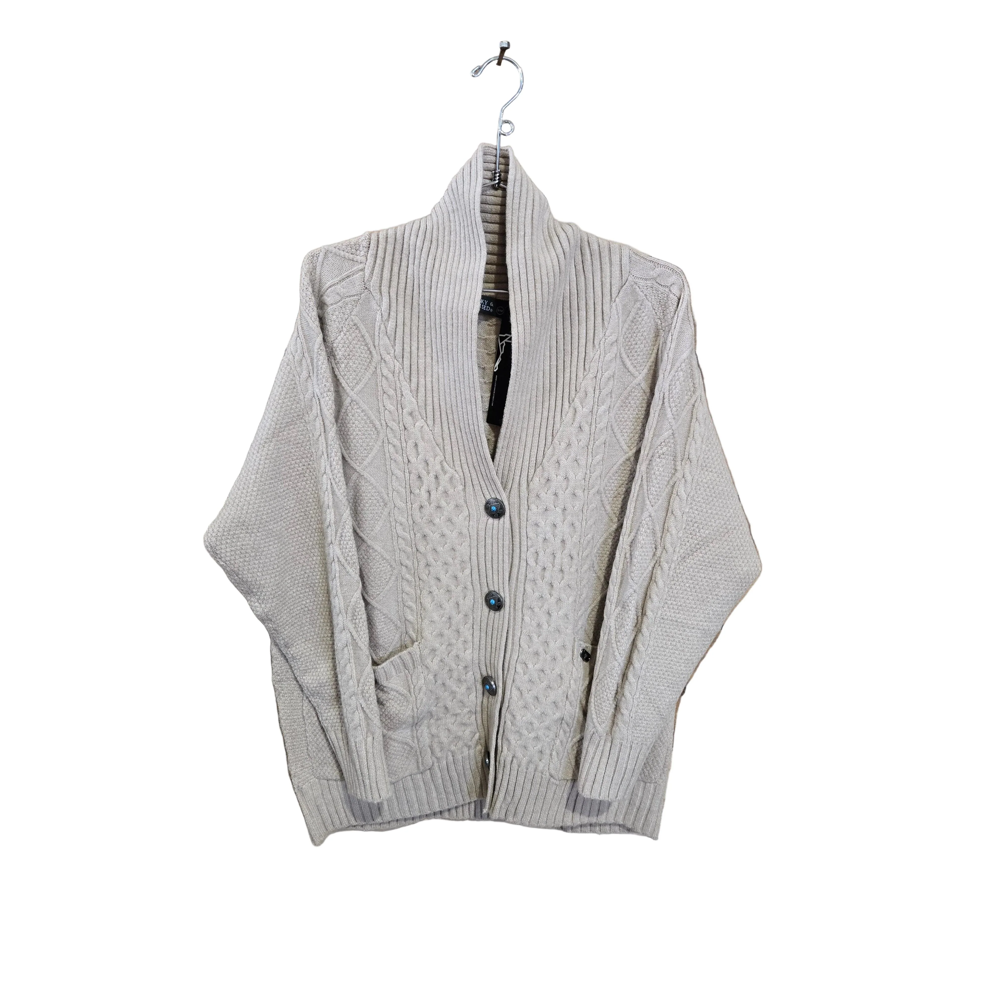 Lucky & Blessed Women's Cable Knit Concho Button Down Cardigan - Oatmeal