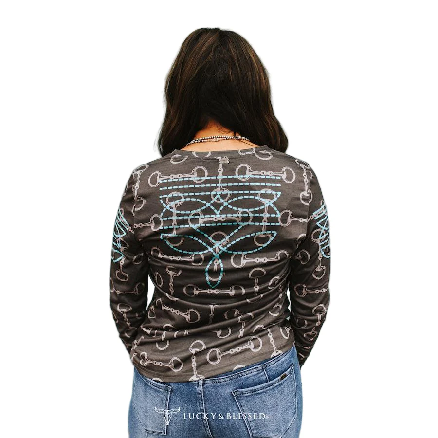 Lucky & Blessed Women's Horse Design Long Sleeve Shirt- Charcoal Grey - Image 2