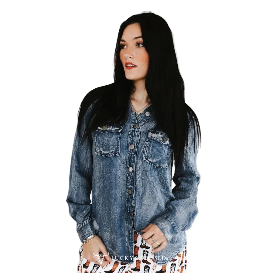 Lucky & Blessed Women's Long Sleeve Button Down Tencel Shirt- Blue