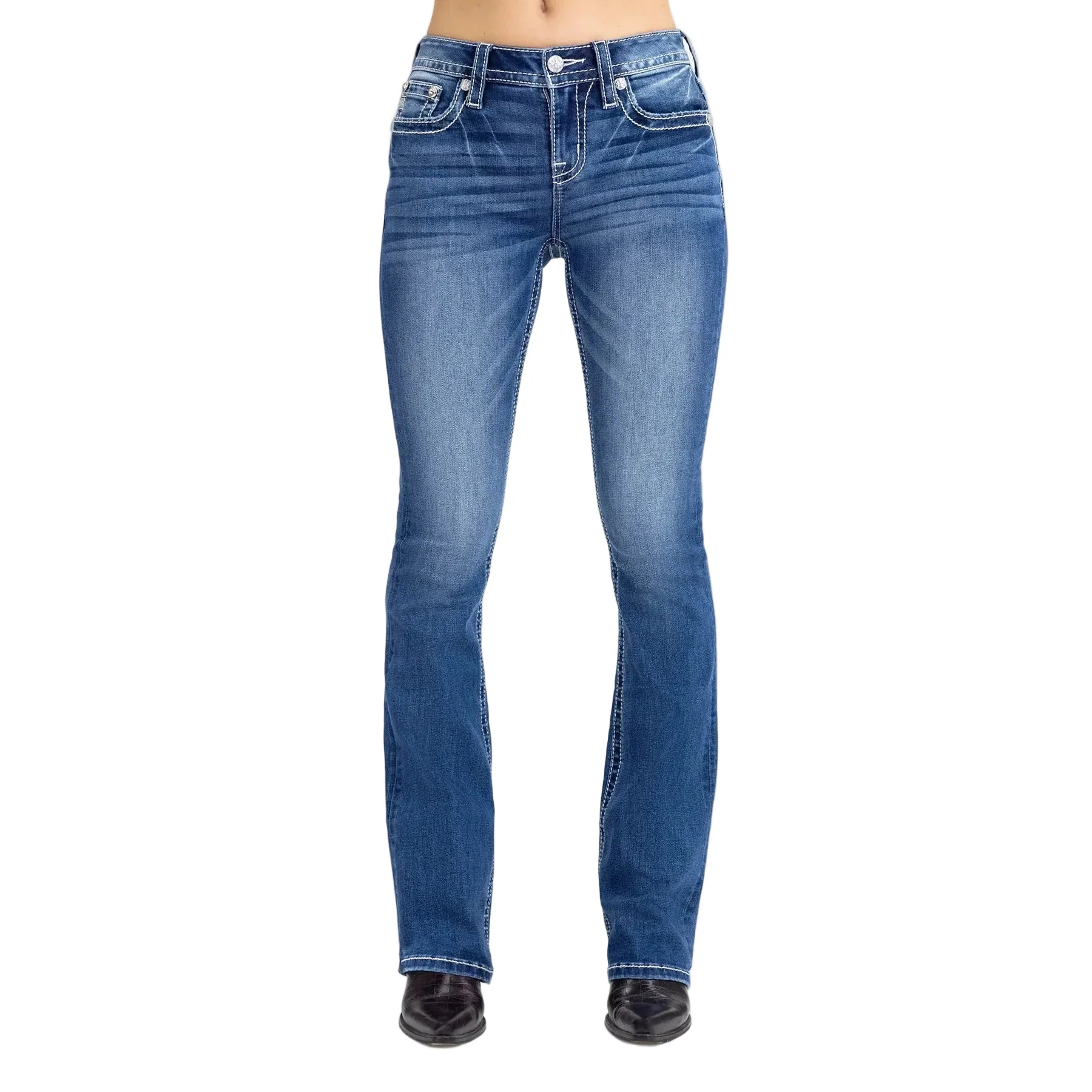Miss Me Women's Midrise Meadow Boot Cut Jeans- Medium Wash