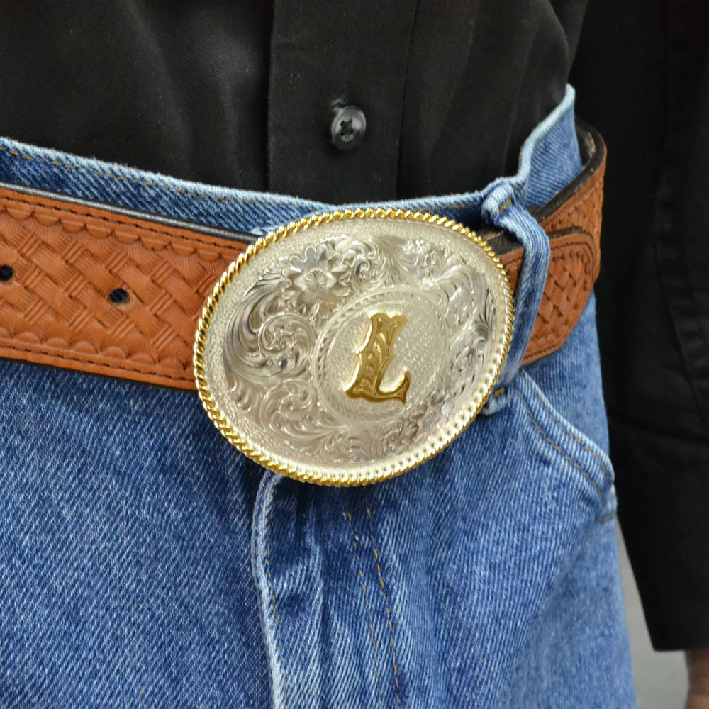 Montana Silversmiths Initial L Silver Engraved Gold Trim Western Oval Belt Buckle