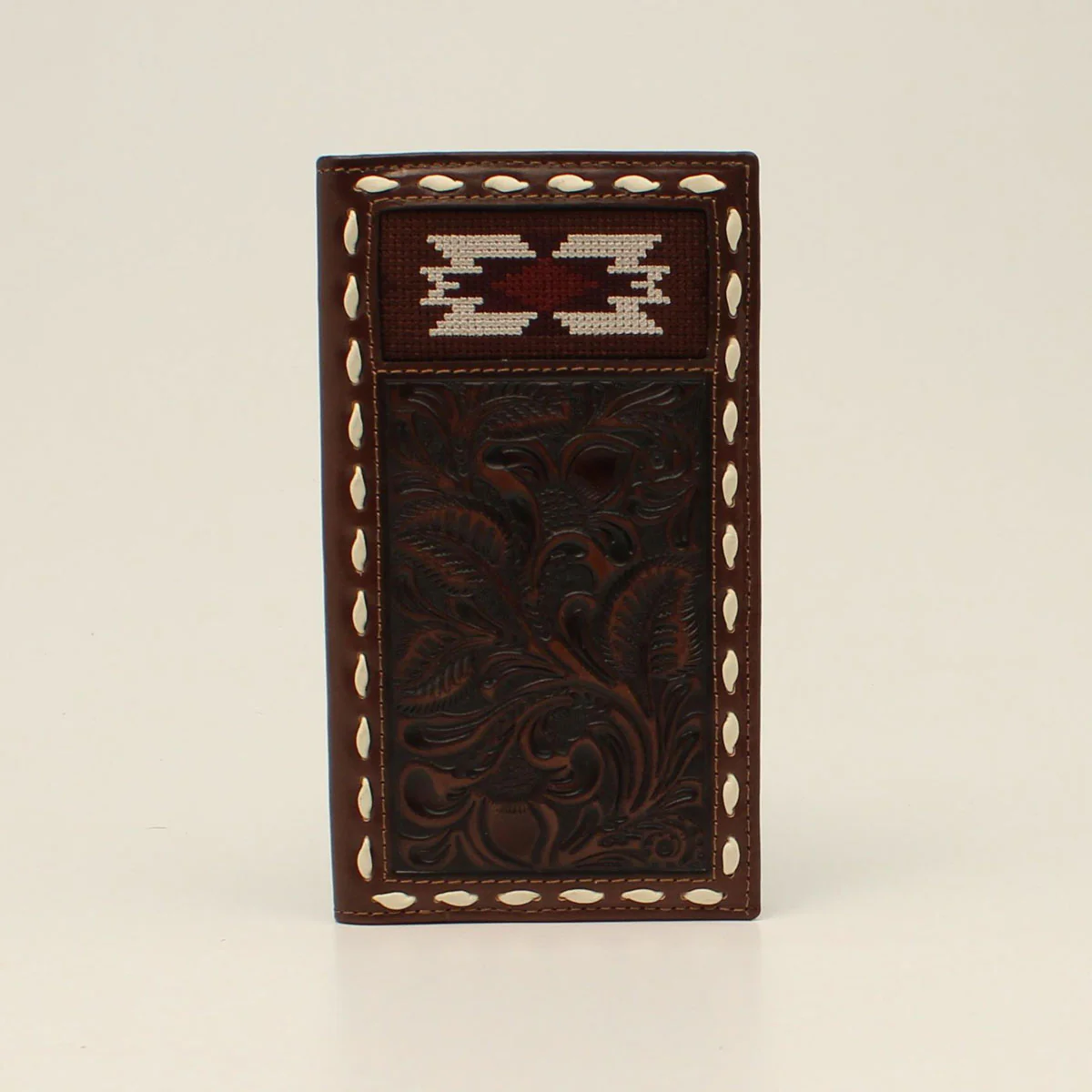 Nocona Tooled Southwestern Buck Stitch Beaded Rodeo Wallet - Chocolate/Maroon