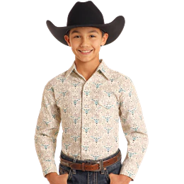 Panhandle Boys's Roughstock Steer Head Printed Long Sleeve Shirt- Natural