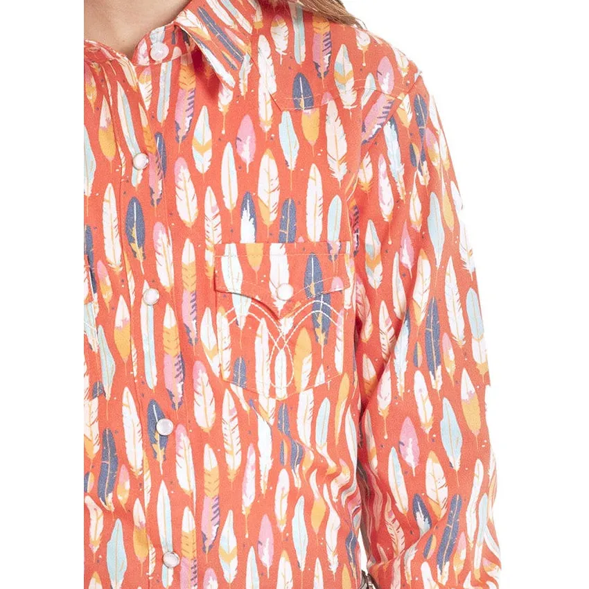 Panhandle Girl's Bright Feather Print Long Sleeve Snap Shirt - Coral - Image 2