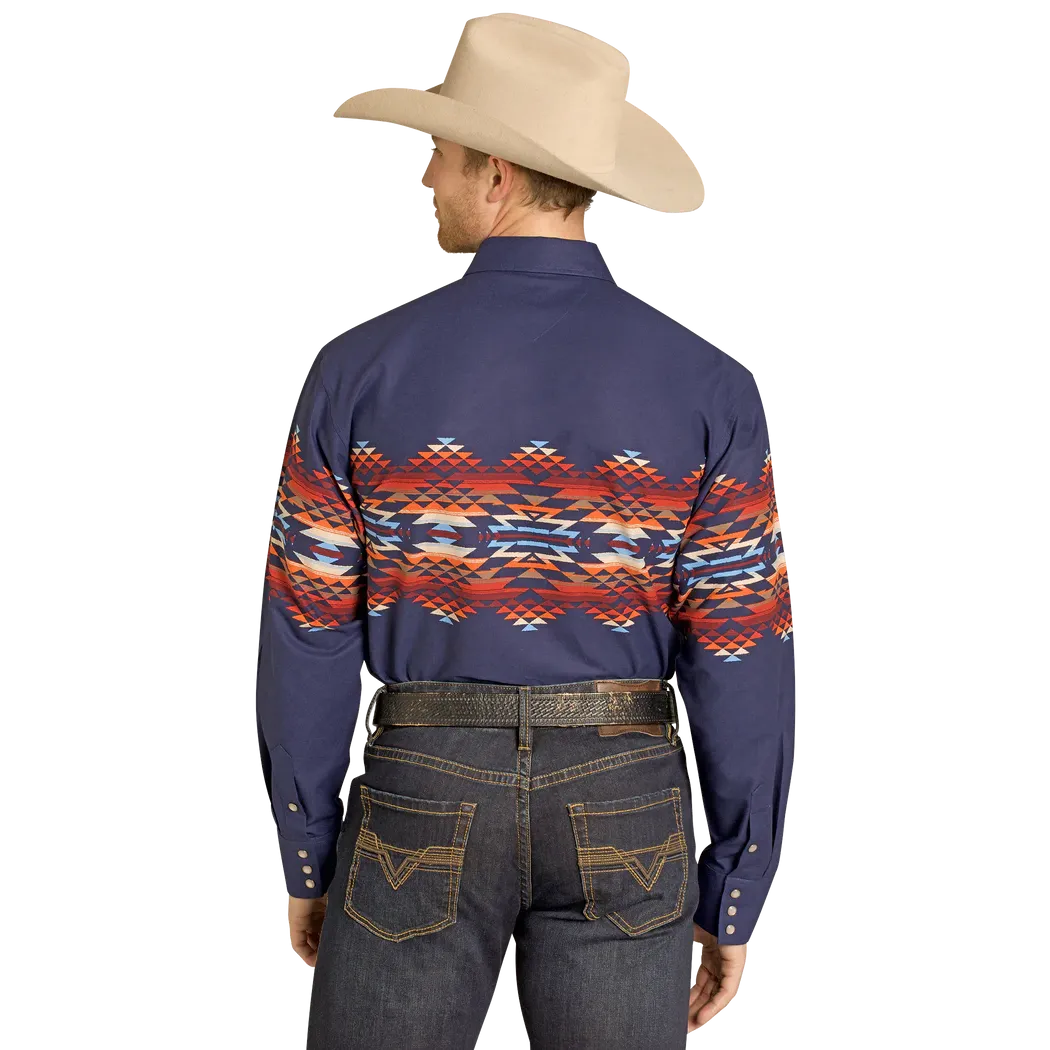 Panhandle Men's Long Sleeve Aztec Border Print Snap Shirt - Blue - Image 2