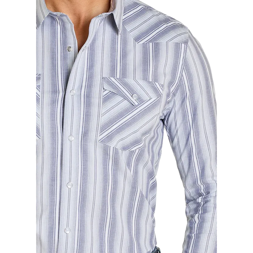 Panhandle Men's Striped Long Sleeve 2 Pocket Snap Shirt - Blue - Image 2