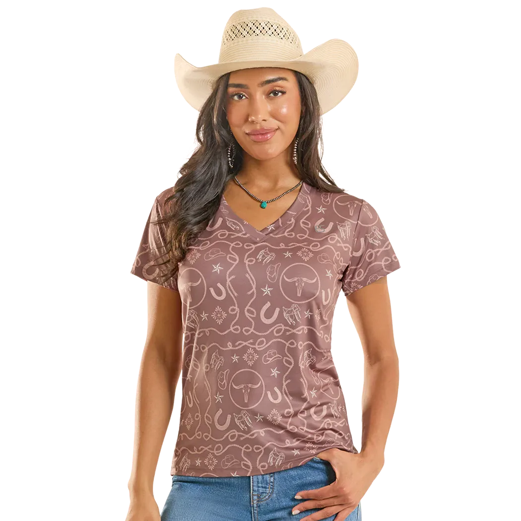 Panhandle Slim Women's Western Rope Print Performance SS Shirt - Chocolate