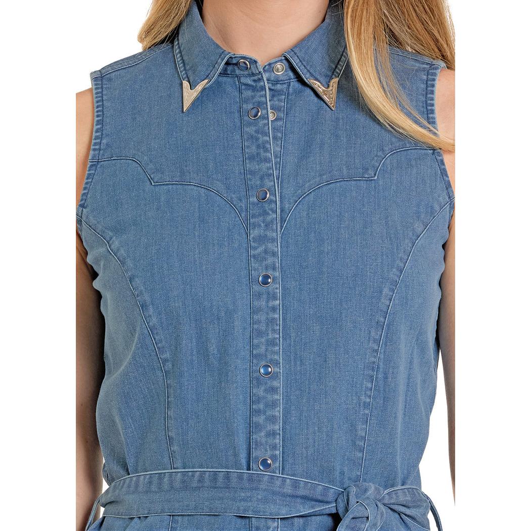 Panhandle Women's Denim Sleeveless Snap Detailed Collar Shirt Dress - Dark Wash - Image 2