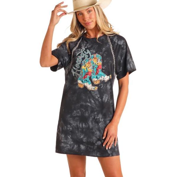 Panhandle Women's Short Sleeve Graphic Tee Shirt Dress with Chain Fringe- Black