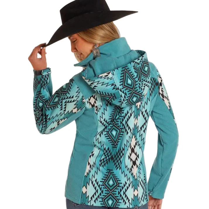 Panhandle Women's Long Sleeve Aztec Printed Softshell Jacket- Turquoise - Image 2