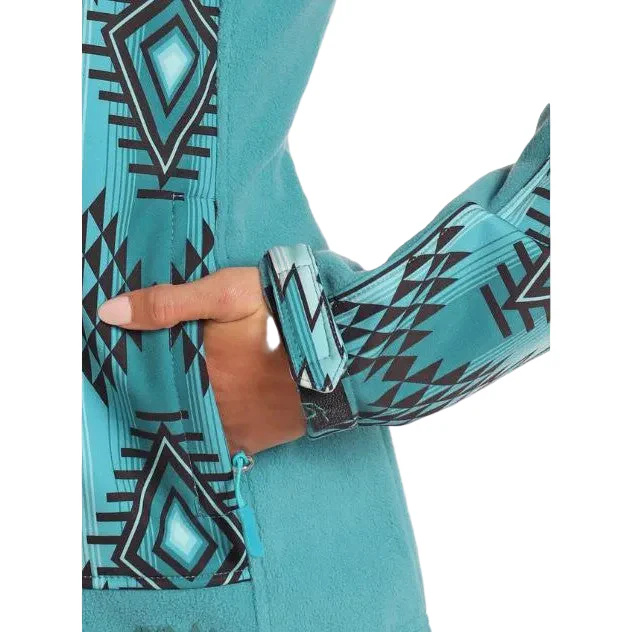 Panhandle Women's Long Sleeve Aztec Printed Softshell Jacket- Turquoise - Image 3