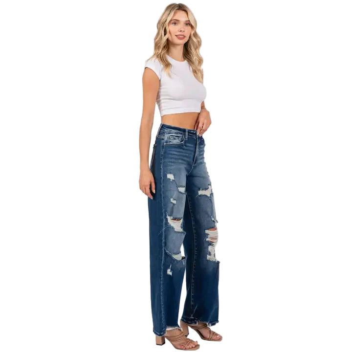 Petra153 Women's Destroyed High Rise Super Stretch Relaxed Wide Leg Jeans - Medium Wash - Image 4