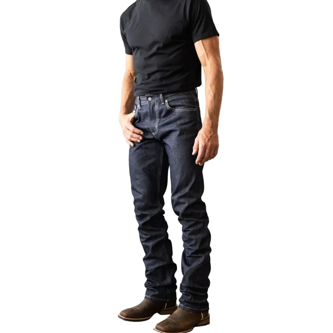 Kimes Men's Raw James Mid Low Rise Straight Bootcut Jeans - Blue