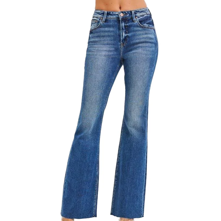 Risen Women's High Rise Flare Raw Hem Jeans- Dark Wash