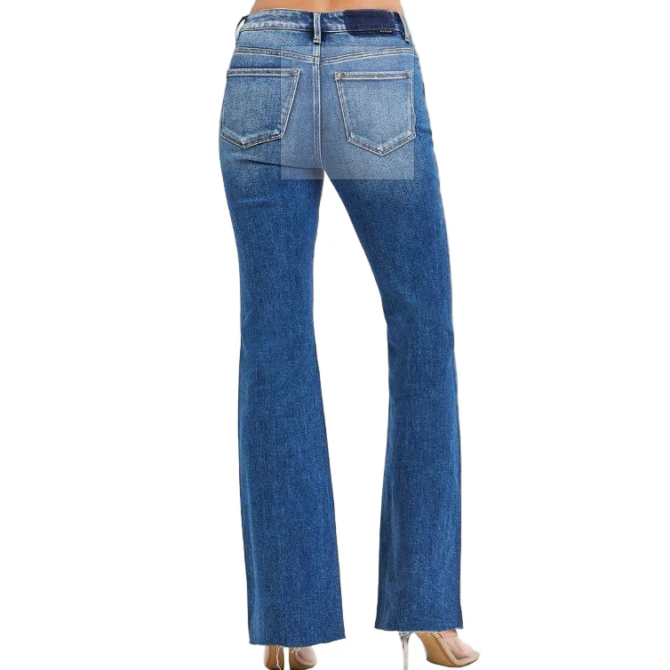 Risen Women's High Rise Flare Raw Hem Jeans- Dark Wash - Image 2
