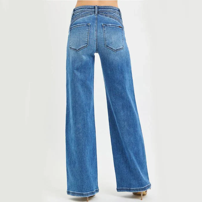 Risen Women's High Rise Wide Leg Waist Detail Jeans - Dark - Image 2
