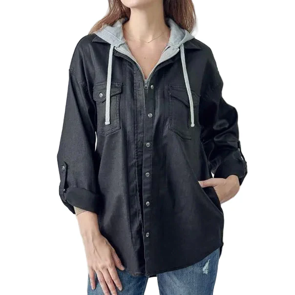 Risen Women's Long Sleeve Coated Jacket with Zip Up Hoodie - Black