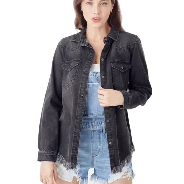 Risen Women's Long Sleeve Frayed Hem Denim Shirt - Black