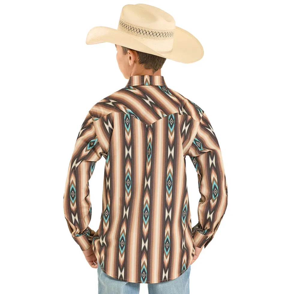Rock & Roll Boy's Aztec Stripe Printed Long Sleeve Snap Shirt - Dark Brown - Image 2