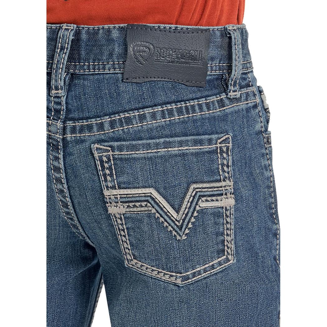 Rock & Roll Boy's Barbed Embroidered Pocket 2 Toned Pleather Bootcut Jeans - Medium Wash - Image 3