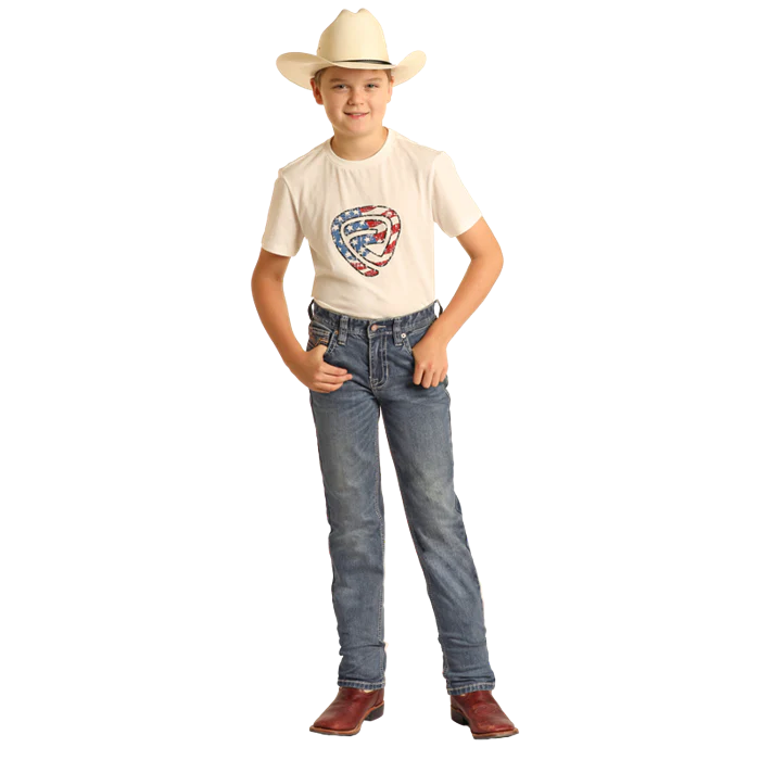 Rock & Roll Boy's Ivory Leather Embroidered Revolver Jeans - Medium Vintage