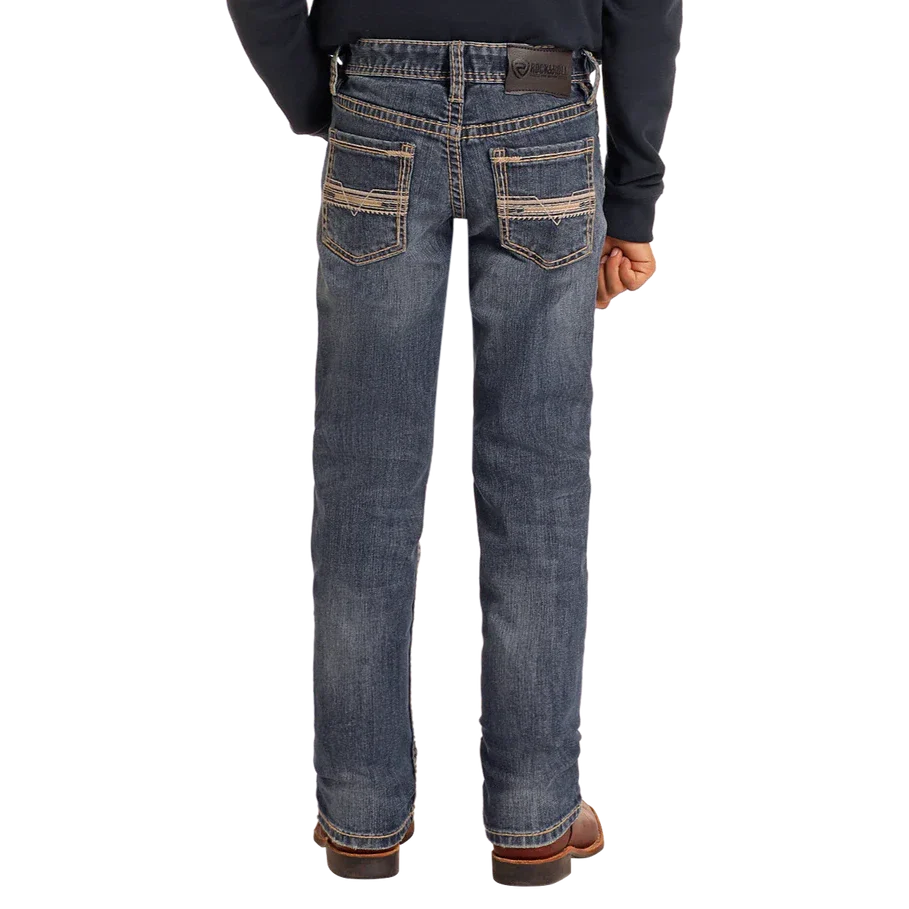 Rock & Roll Boy's Slim Fit Ivory Leather Emblem Revolver Straight Leg Jeans - Medium Wash