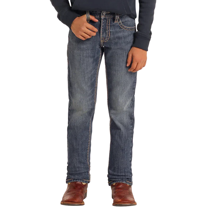 Rock & Roll Boy's Slim Fit Ivory Leather Emblem Revolver Straight Leg Jeans - Medium Wash - Image 2
