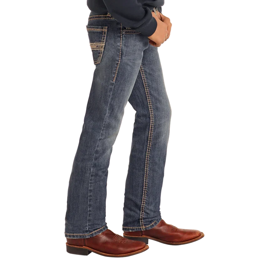 Rock & Roll Boy's Slim Fit Ivory Leather Emblem Revolver Straight Leg Jeans - Medium Wash - Image 3