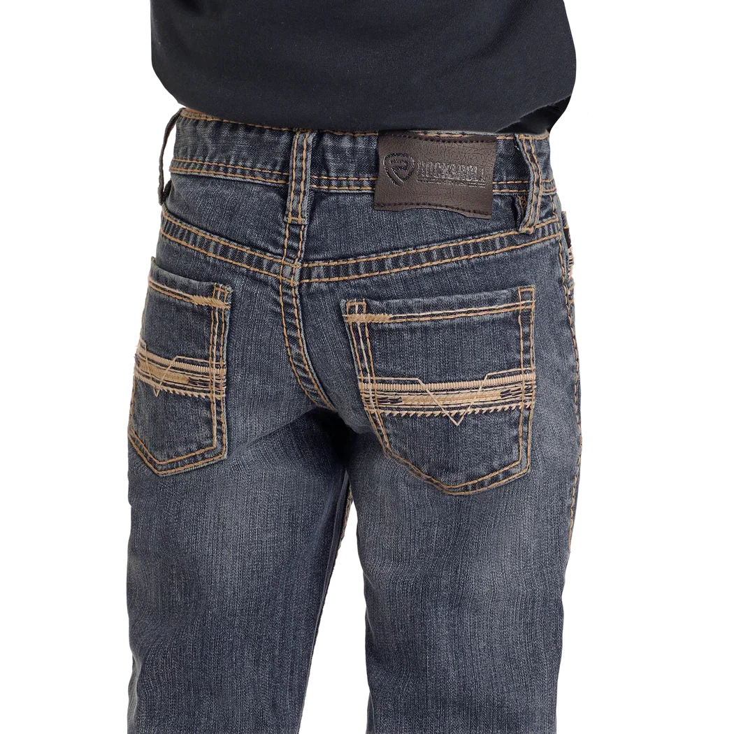 Rock & Roll Boy's Slim Fit Ivory Leather Emblem Revolver Straight Leg Jeans - Medium Wash - Image 4